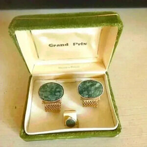 Vintage Swank Gran Prix Jade Over Cuff Gold Tone Cuff Links In Original Box